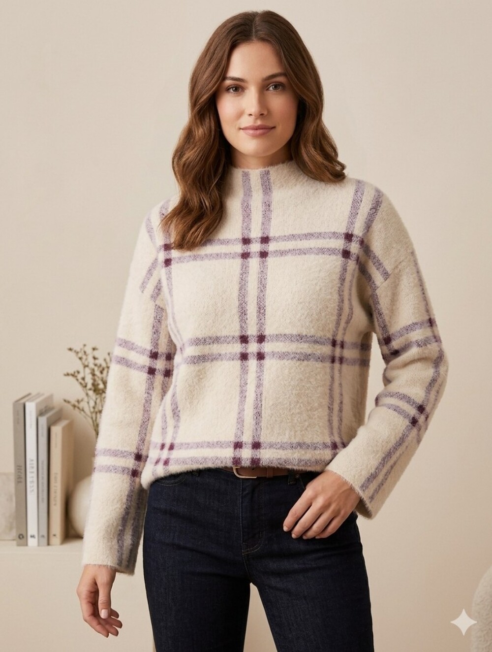 Tahari Plaid Mock Neck Sweater